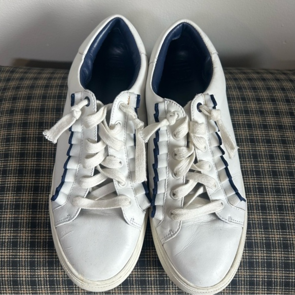 Tory Burch Sport White Leather Ruffle Trim Sneakers Athletic Shoes Womens Size 9